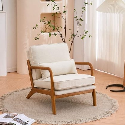 Accent Chair Mid-Century Modern Chair with Pillow Linen Fabric Upholstered Lounge Arm Chair with Solid Wood Frame & Soft Cushion for Living Room, Bedroom, Balcony, Beige