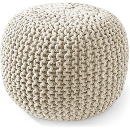 Round Pouf Ottoman, Natural - 20" Diameter x 14.5" High Cotton Knit Foot Stool - Boho Floor Pouffe for Living Room, Bedroom, Home Office