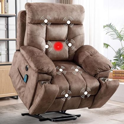 Large Power Lift Recliner Chair with Massage and Heat for Elderly Big and Tall People, Overstuffed Wide Recliners with 2 Cup Holders, Side Pocket and USB Port, Camel
