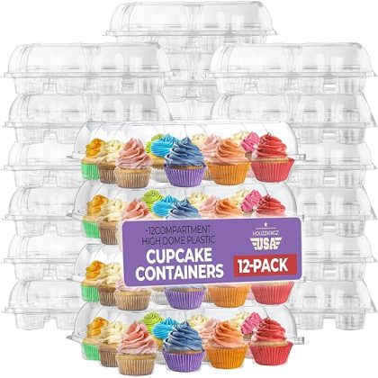Plastic Cupcake Containers Boxes | 12 Compartment ?C 12 Pack | Disposable High Dome Dozen Clear Cupcake Holder with Detachable Lid Bulk | Extra Sturdy Stackable Cup Cake Carrier Holders Muffin Boxes