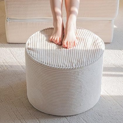 Round Stuffed Pouf Ottoman, Corduroy Poufs with High-Density Foam Filling, Furry and Fluffy Pouf Foot Stool Storage Ottoman, 17.7 x 13.8 Floor Poufs Foot Rest for Living Room??Beige