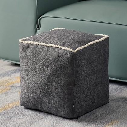 Unstuffed Cube Ottoman Pouf Cover, Pouf Ottoman Foot Rest Footstool, Small Bean Bag Cubes for Storage, Soft Handwoven Footrest with White Piping Contact Stiching, Poufs for Living Room, ONLY Cover