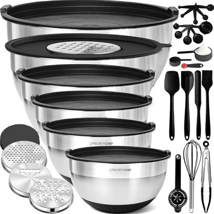 Stainless Steel Mixing Bowls with Lids Set - Premium 30Pcs with 6pc Metal Bowl Set for Kitchen, 3 Graters, Airtight Lids, Non-Slip Bases & Silicone Utensils, Black