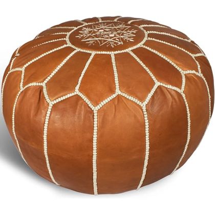 Comfortable Leather Ottoman Pouf - Handmade Unstuffed Moroccan Pouf Cover - Round Pouf & Foot Rest Ottoman - Perfect for Living Rooms Bedrooms & Kids Room - Brown