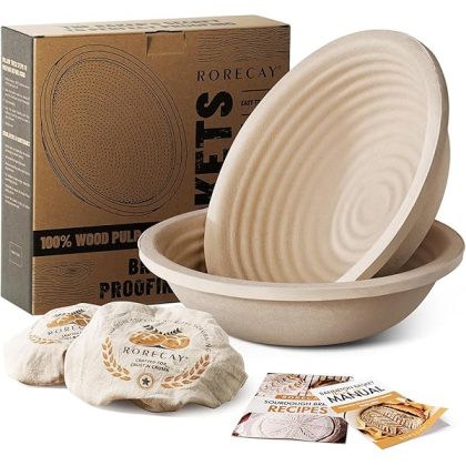 Wood Pulp Banneton Bread Proofing Baskets Set of 2, 9 Inch Round 2.2LB Sourdough Banneton Basket with Liner, Non-Stick Dough Proofing Bowl for Rising and Baking