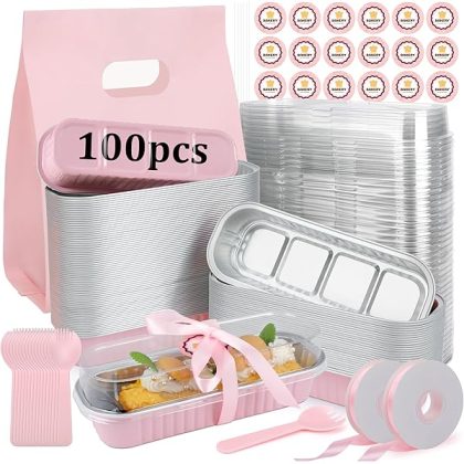 100 Pack Mini Loaf Pans With Lids??Mini Cake Pans With Lids and Spoons??6.8oz Bread Loaf Pans Disposable??Small Aluminum Cake Tins,Baking Pans Individual