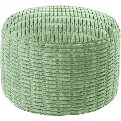 Unstuffed Ottoman Pouf Cover,Round Faux Fur Foot Stool, Fuzzy Chair, Floor Bean Bag(No Filler),Foot Rest with Storage for Living Room, Bedroom, Office, Striped Tufted (Sage Green)
