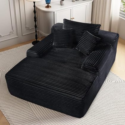 68'' Chaise Lounge Chair Indoor, Black Plush Corduroy Cloud Couch, Fluffy Oversized Sofa Bed for Bedroom Living Room, Comfy Boneless Reading Longue Chair Sleeper Sofa No Assembly