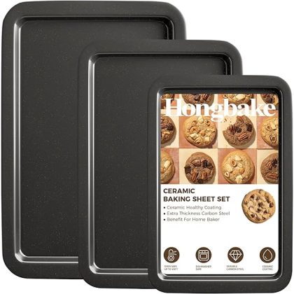 Ceramic Baking Sheet Pan Set, Cookie Sheet for Oven, Bakeware Sets with Wider Grips, 3 Pack Half/Jelly Roll/Quarter Baking Tray, Premium, Dishwasher Safe - Dark Grey