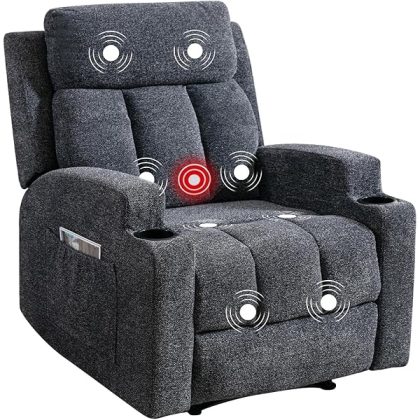 Manual Recliner Chair with Massage and Heat Ergonomic Overstuffed Breathable Fabric Reclining Chair with 2 Side Pockets, 2 Cup Holders, Remote Control, Living Room, Bedroom,Dark Gray