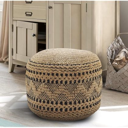 LR Home Tan/Black Round Ottoman Pouf for Home Decor | Striped Hand-Woven Jute Cotton Blend Round Pouf Ottoman Footrest for Bedroom & Living Room Decor | 18" X 18"W X 14"H