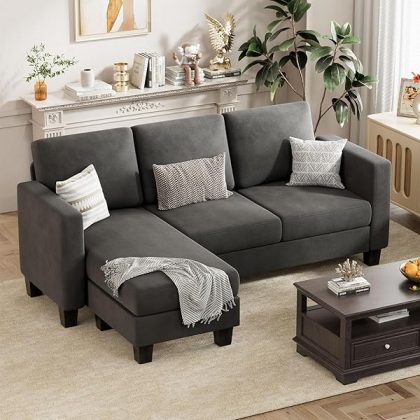Convertible Sectional Sofa Couch, 3 Seat L-Shaped Sofa with Linen Fabric Ottoman Small Couch for Small Apartments, Living Room and Office (Linen Fabric, Dark Gray)