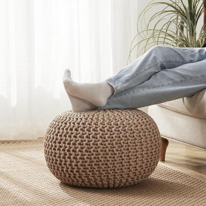 Pouf Ottoman Foot Rest Stuffed ?C 20?? Diameter x 14?? Tall Cozy Floor Pouf for Living Room, Bedroom, Nursery & More ?C 100% Cotton Knit Shell, EPS Bead Filled Footrest & Accent Chair, Taupe