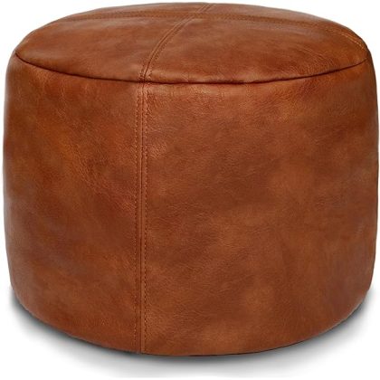 Unstuffed Faux Leather Pouf Cover, Handmade Footstool Ottoman Storage Solution, Floor Footrest Cushion, 16.5??Dx12??H, Amaretto