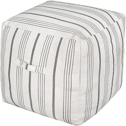 Unstuffed Farmhouse Pouf Cover for Living Room, Storage Bean Bag Cubes, Off White & Gray Stripes Linen Square Ottoman Pouf Foot Rest Footstool, 18"x18"x18", Cover ONLY