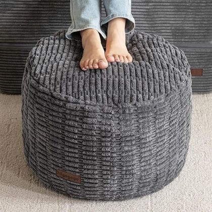 Pouf Ottoman Stuffed Round Modern Foam Filled Foot Rest Poufs for Living Room Chair Decorative 20 X 15 Inches Boho Relax Stool for Wedding Christmas Party, Dark Grey