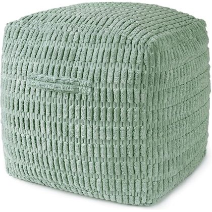 Unstuffed Farmhouse Pouf Cover for Living Room, Boho Storage Bean Bag Cubes, Sage Green Soft Corduroy Plush Sripe Square Ottoman Pouf Foot Rest Footstool, 18"x18"x18", Cover ONLY