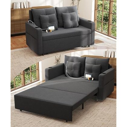 3 in 1 Sofa Bed, 56 Inch Convertible Pull Out Couch, Loveseat Sleeper Sofa with Cup Holders, USB, Sofa Couches for Living Room, Bedroom, Apartment, Dark Grey