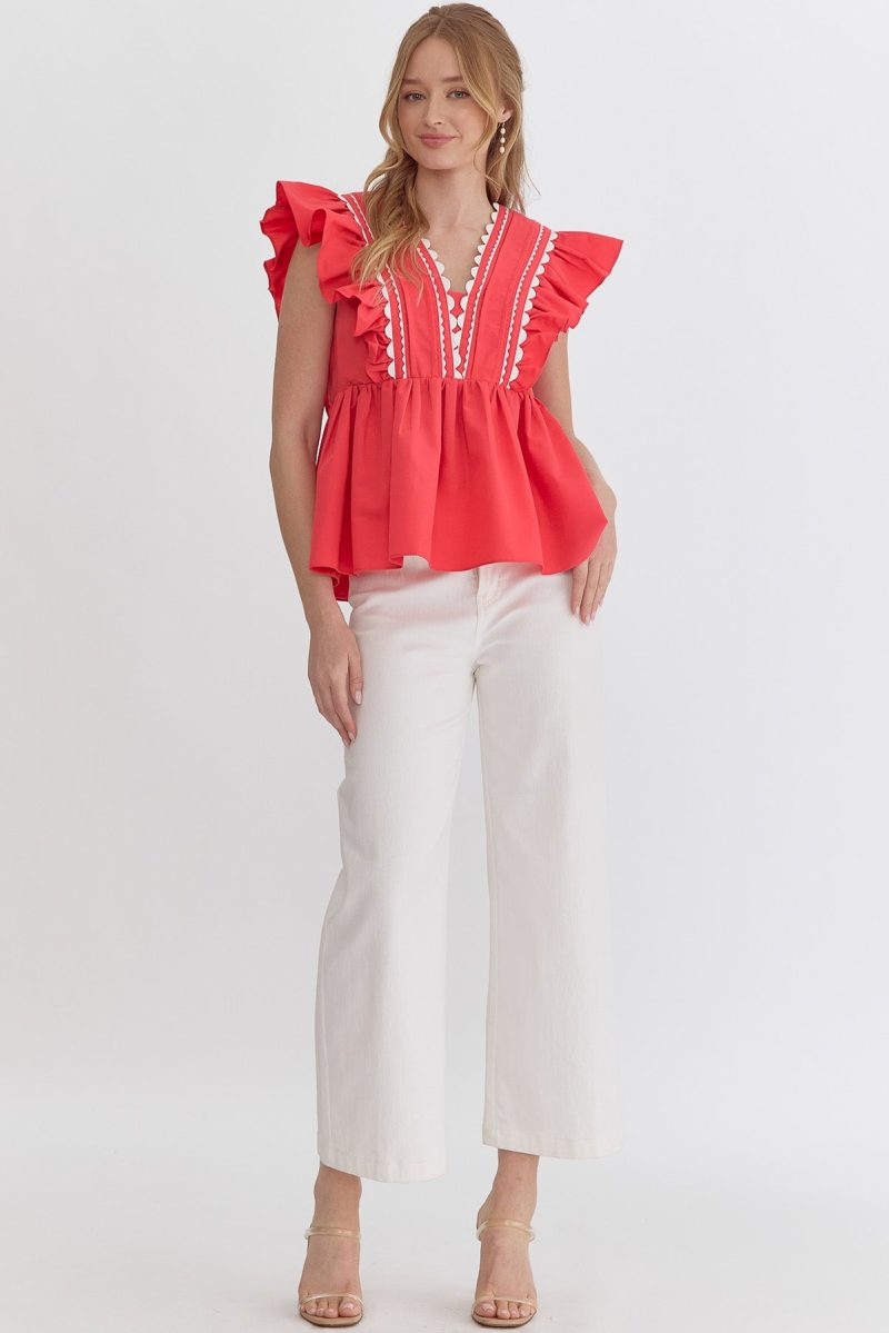 Solid Ruffled Sleeve V-Neck Top