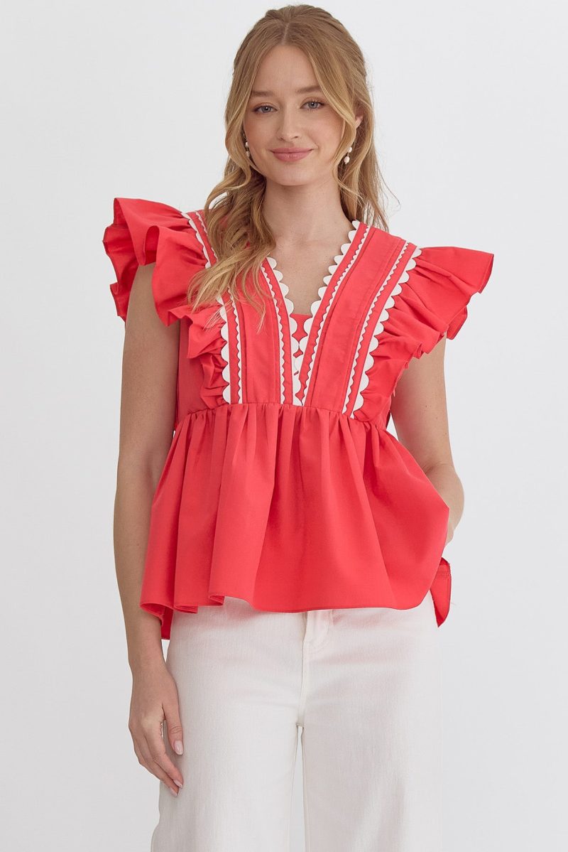 Solid Ruffled Sleeve V-Neck Top - Image 2