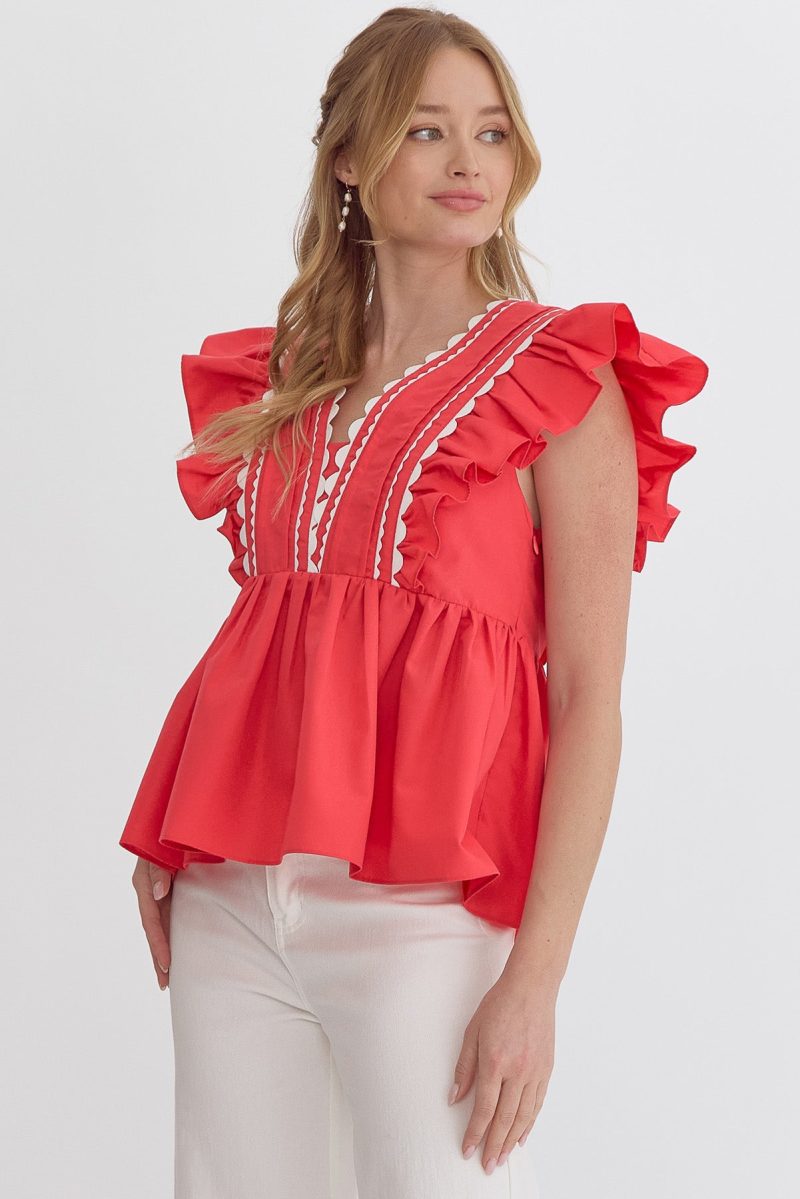 Solid Ruffled Sleeve V-Neck Top - Image 3