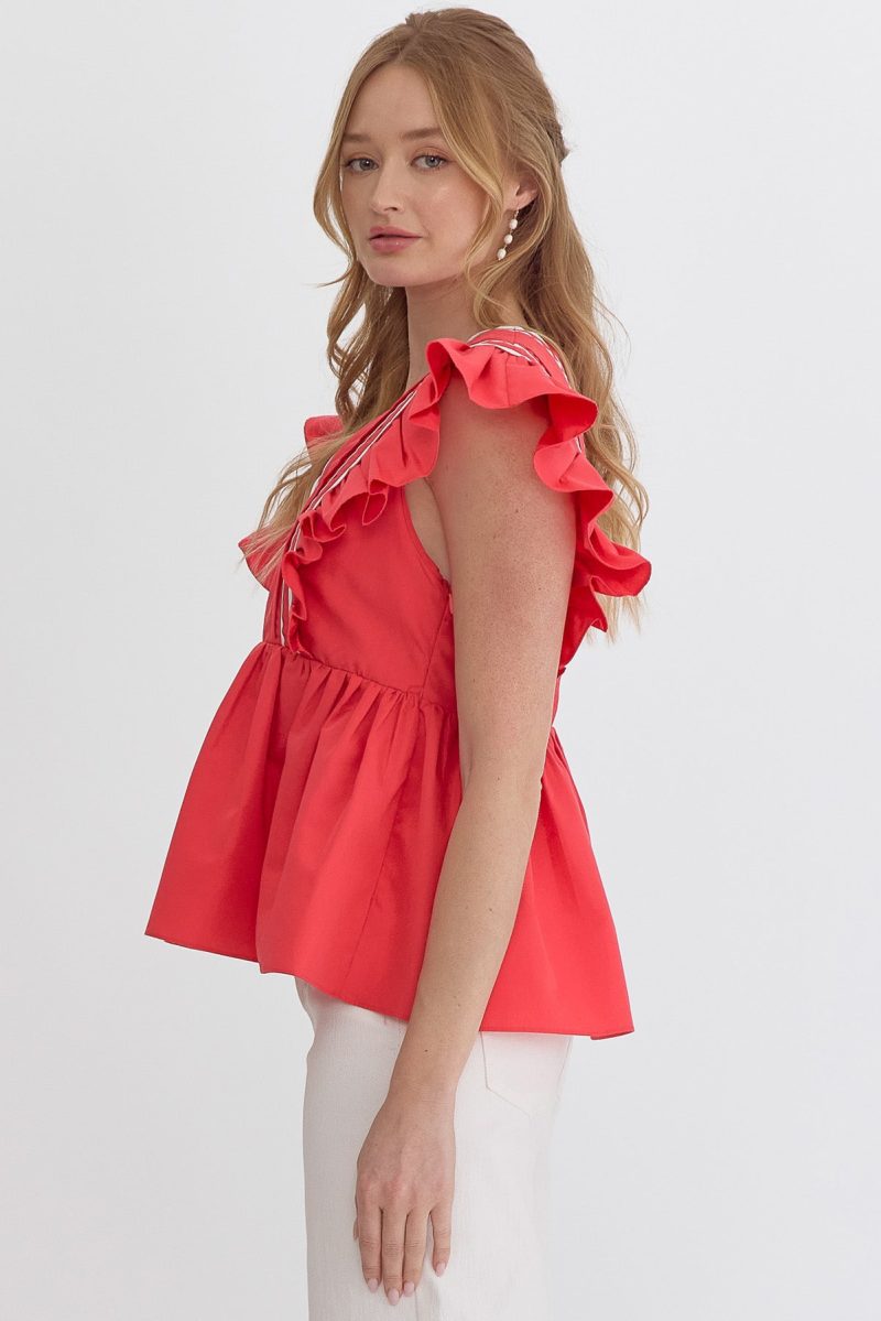 Solid Ruffled Sleeve V-Neck Top - Image 4