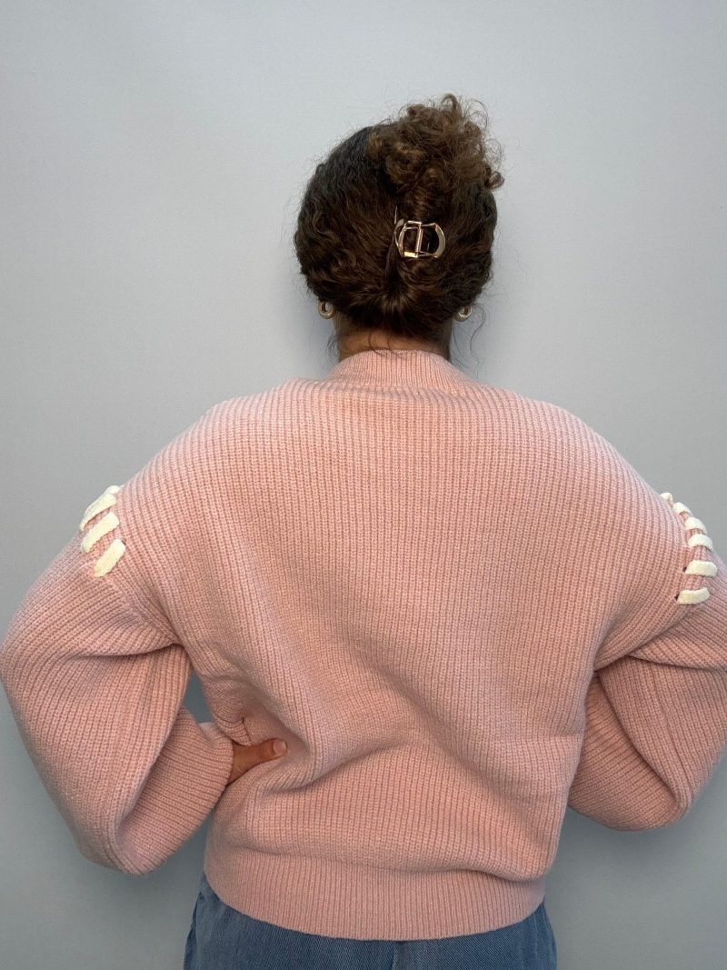 Round Neck Long Sleeve Lace Detail Knit Sweater - Image 3