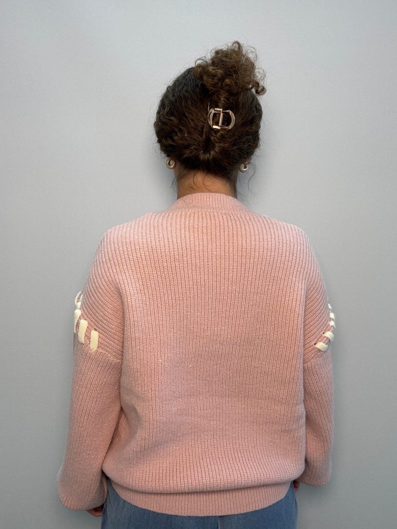 Round Neck Long Sleeve Lace Detail Knit Sweater - Image 2