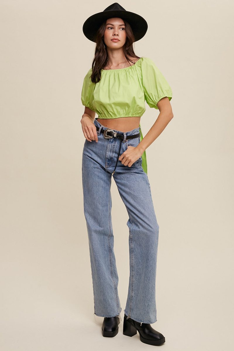 Puff Sleeve Back Tie Crop Top - Image 2