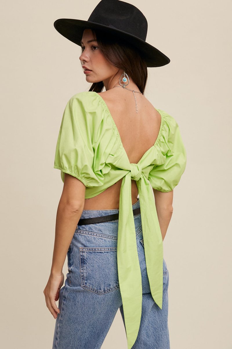 Puff Sleeve Back Tie Crop Top - Image 4