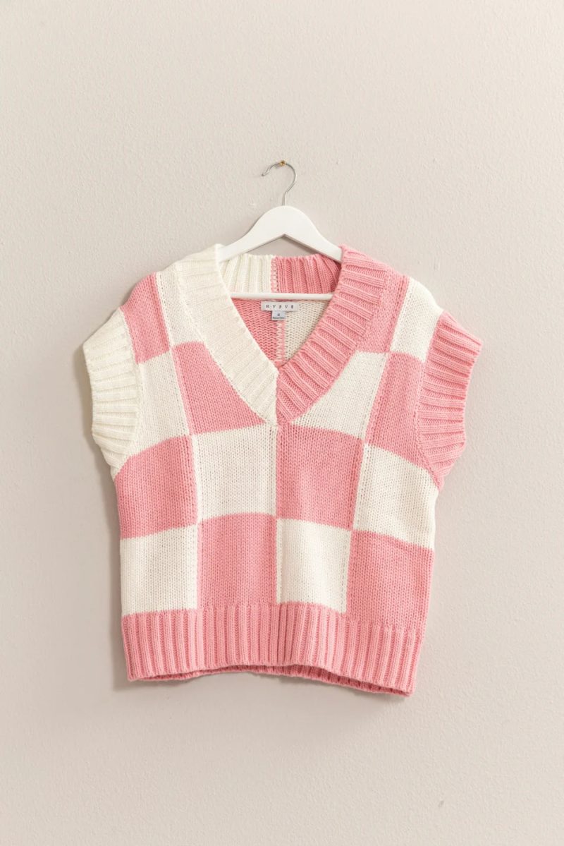 V-Neck Checkerboard Knit Sweater Vest - Image 7