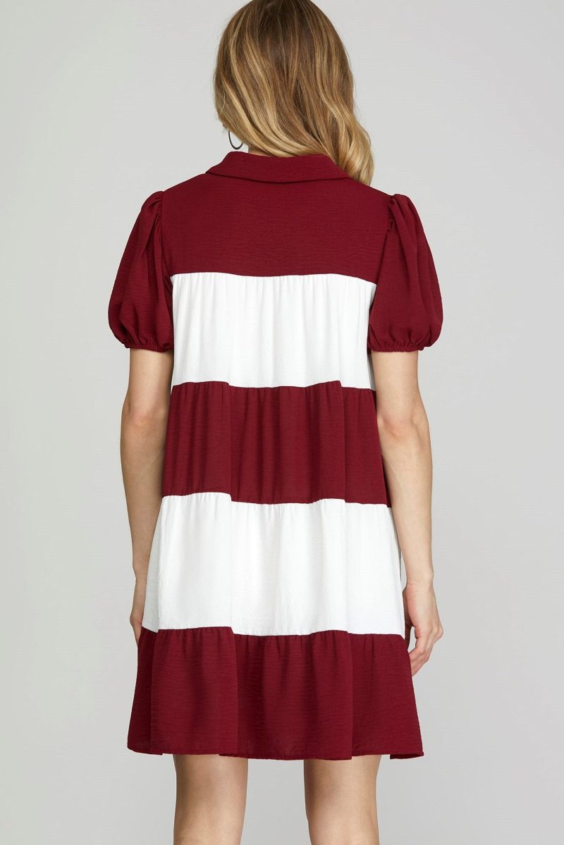 Short Puff Sleeve Woven Color Blocked Tiered Dress - Image 3