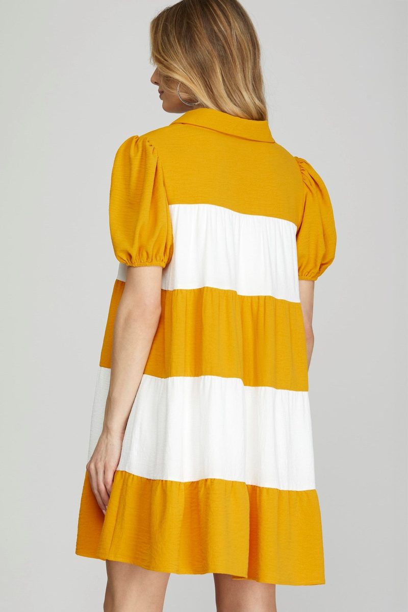 Short Puff Sleeve Woven Color Blocked Tiered Dress - Image 2