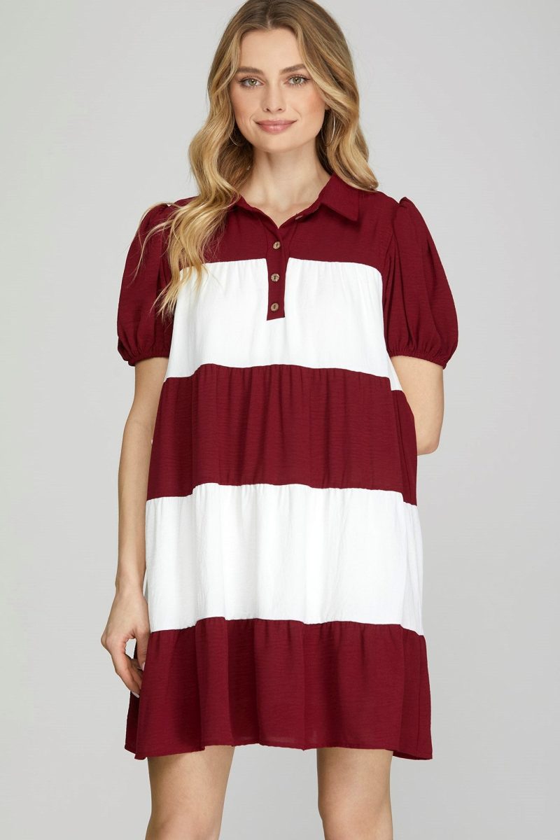 Short Puff Sleeve Woven Color Blocked Tiered Dress - Image 4