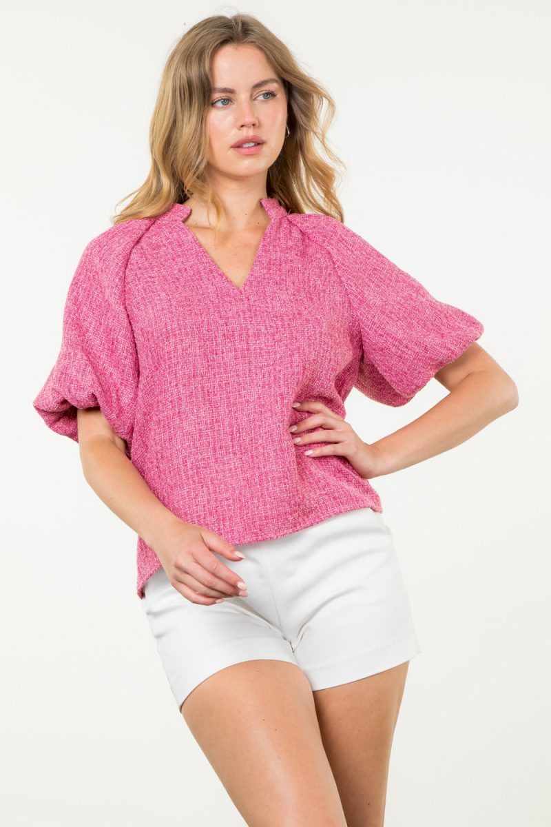 Puff Sleeve Collared V-Neck Tweed Top - Image 4