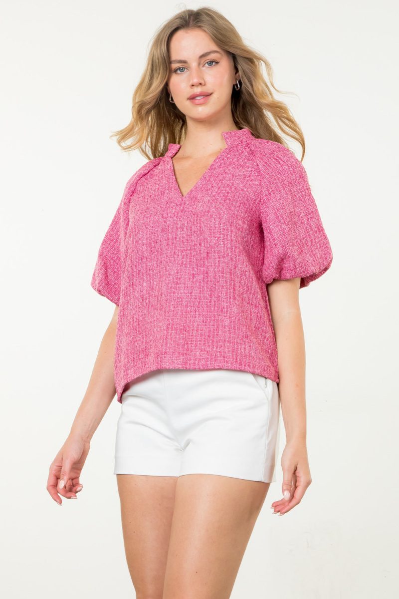 Puff Sleeve Collared V-Neck Tweed Top - Image 5