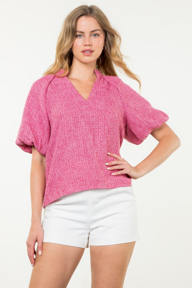 Puff Sleeve Collared V-Neck Tweed Top - Image 6