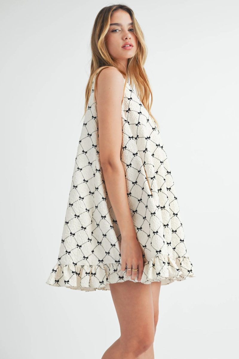 Bow Flocking Textured Ruffle Hem Mini Dress - Image 3