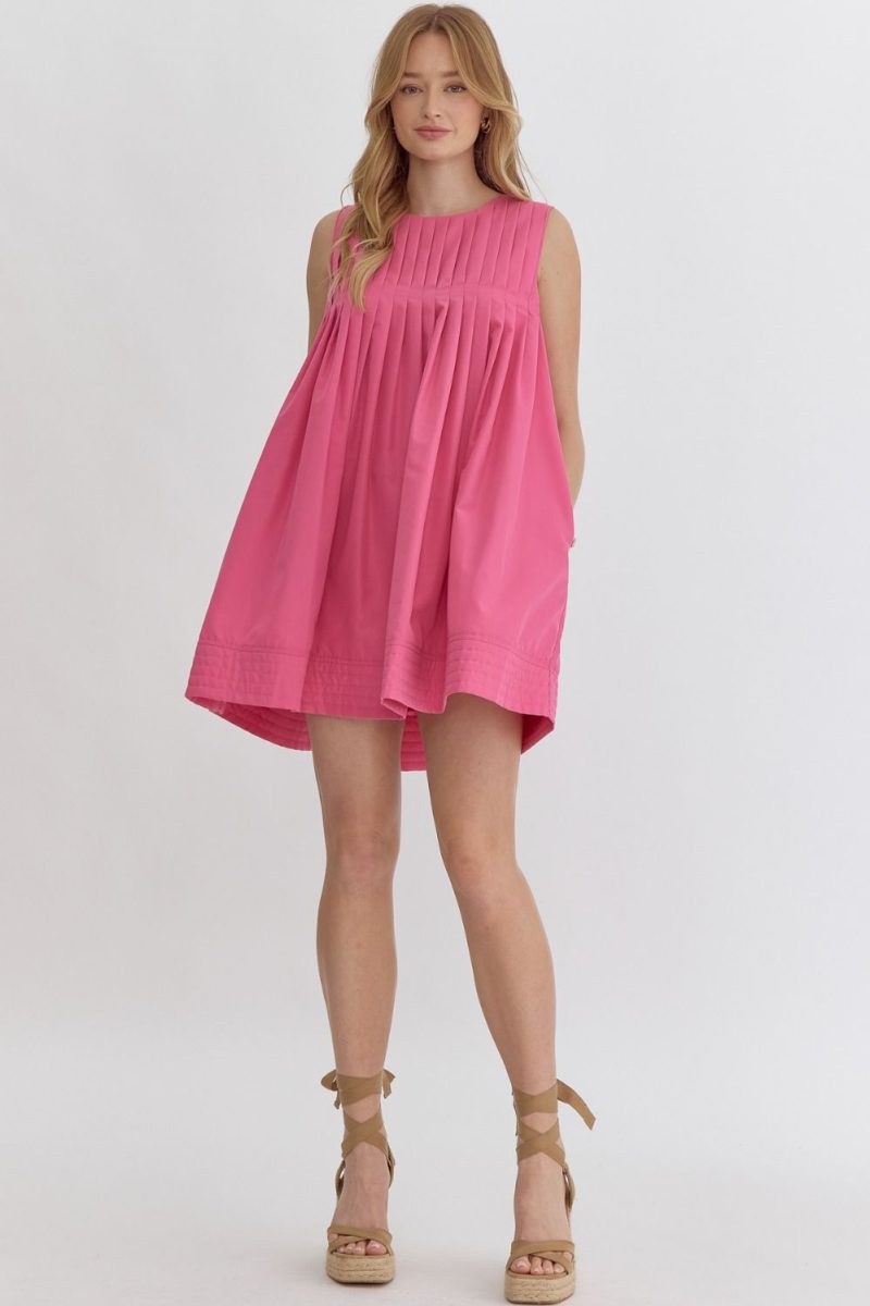 Round Neck Sleeveless Pleat Detail Mini Dress - Image 9