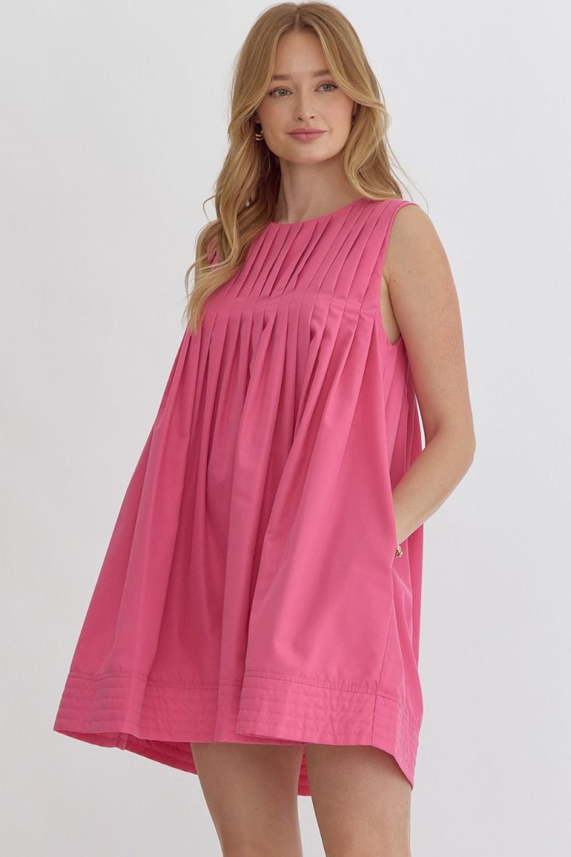 Round Neck Sleeveless Pleat Detail Mini Dress - Image 10