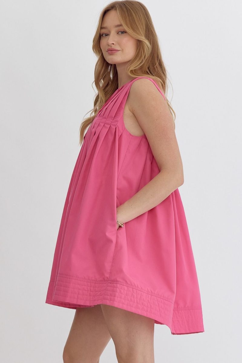 Round Neck Sleeveless Pleat Detail Mini Dress - Image 12