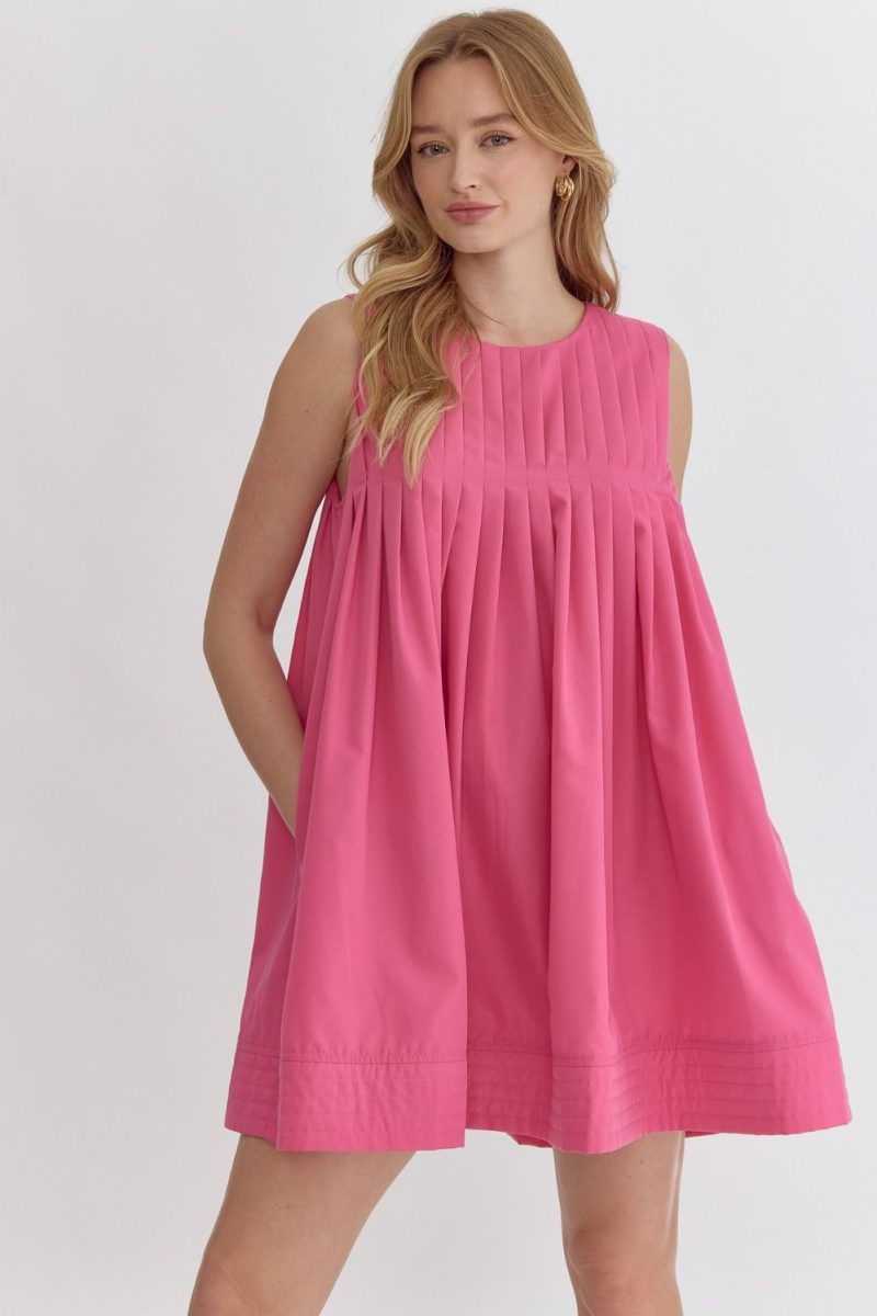 Round Neck Sleeveless Pleat Detail Mini Dress - Image 8