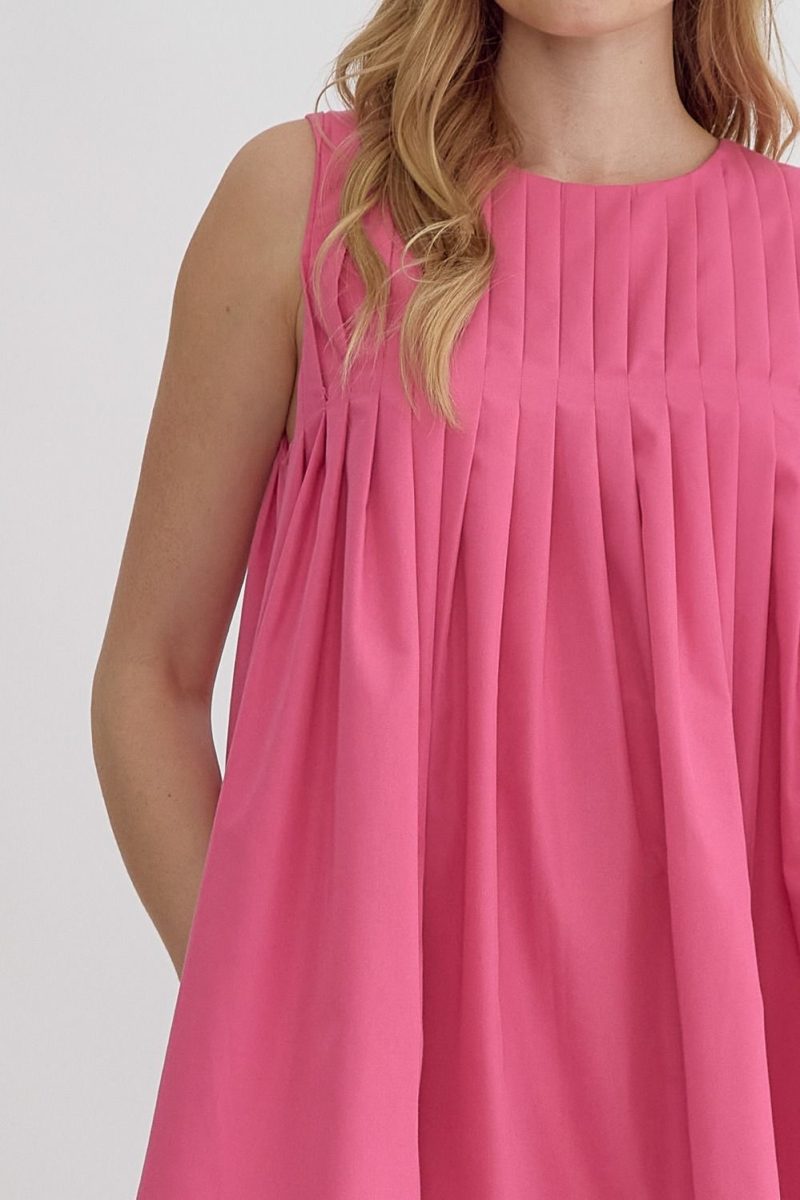 Round Neck Sleeveless Pleat Detail Mini Dress - Image 11
