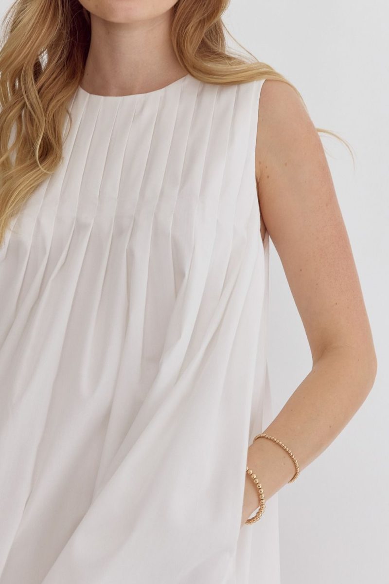 Round Neck Sleeveless Pleat Detail Mini Dress - Image 4