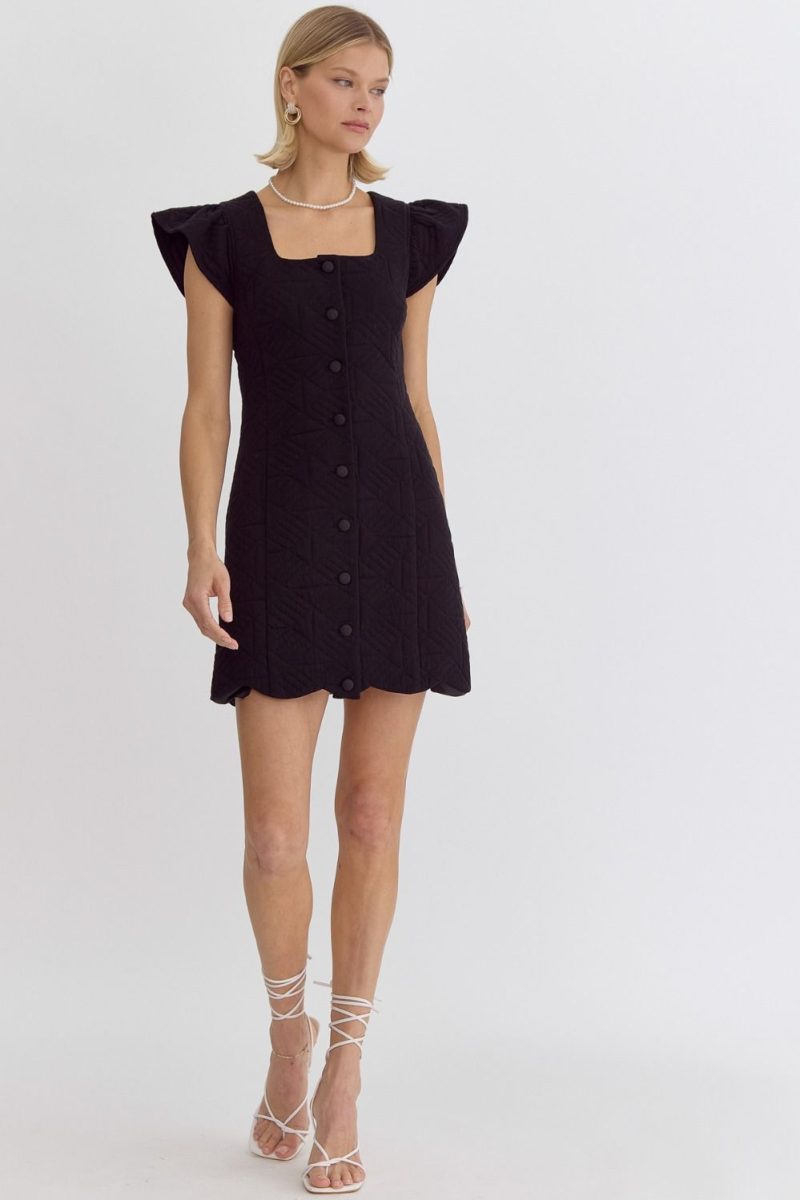 Square Neck Quilted Button Down Ruffle Sleeve Mini Dress - Image 2