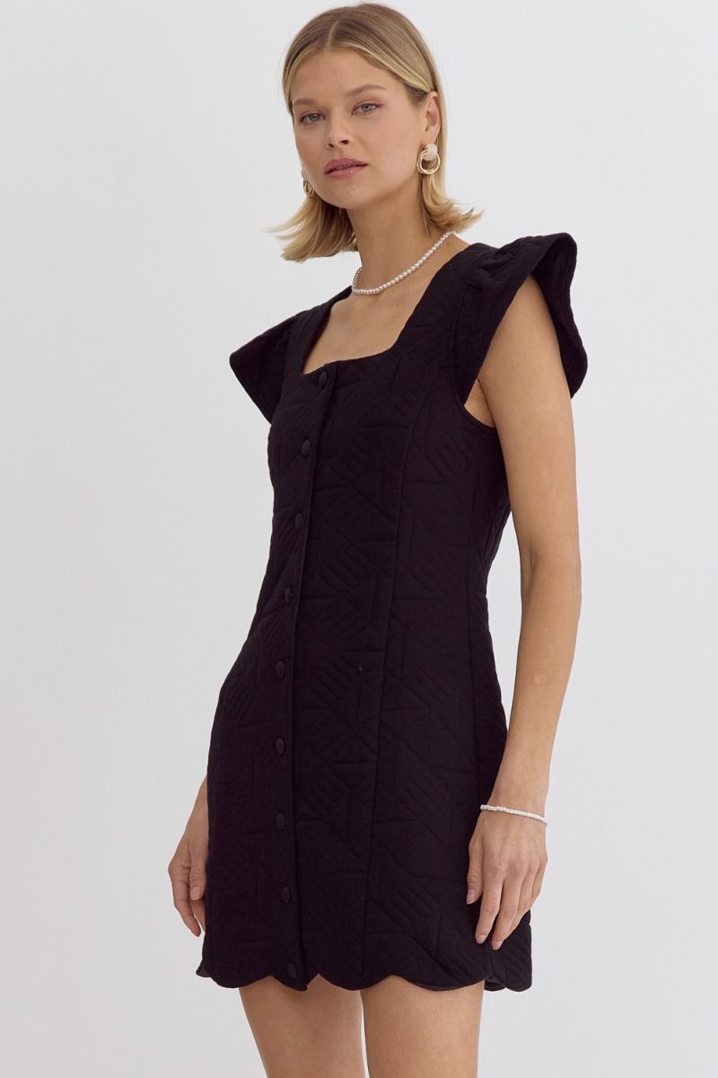 Square Neck Quilted Button Down Ruffle Sleeve Mini Dress - Image 4