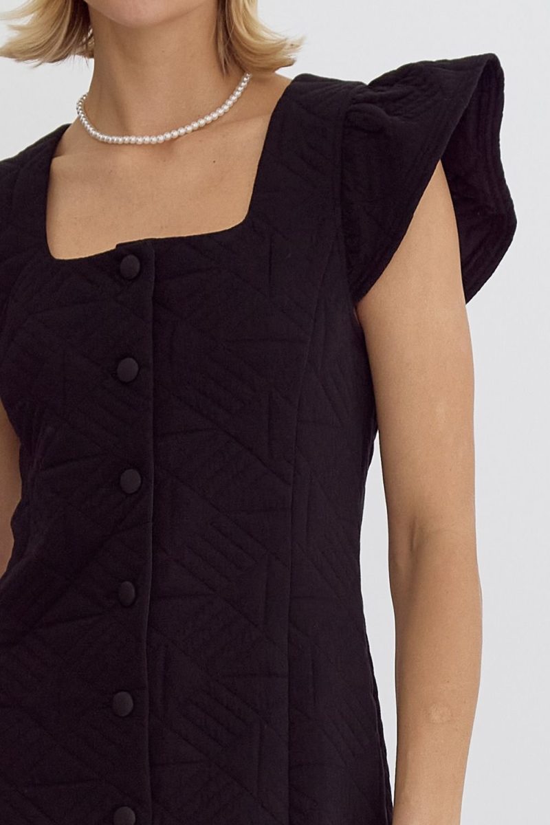 Square Neck Quilted Button Down Ruffle Sleeve Mini Dress - Image 3