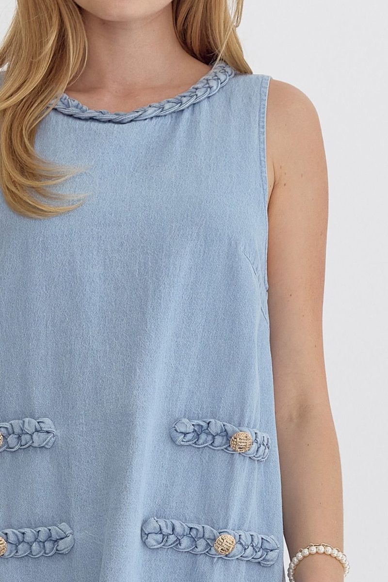 Denim Round Neck Sleeveless Mini Dress - Image 3