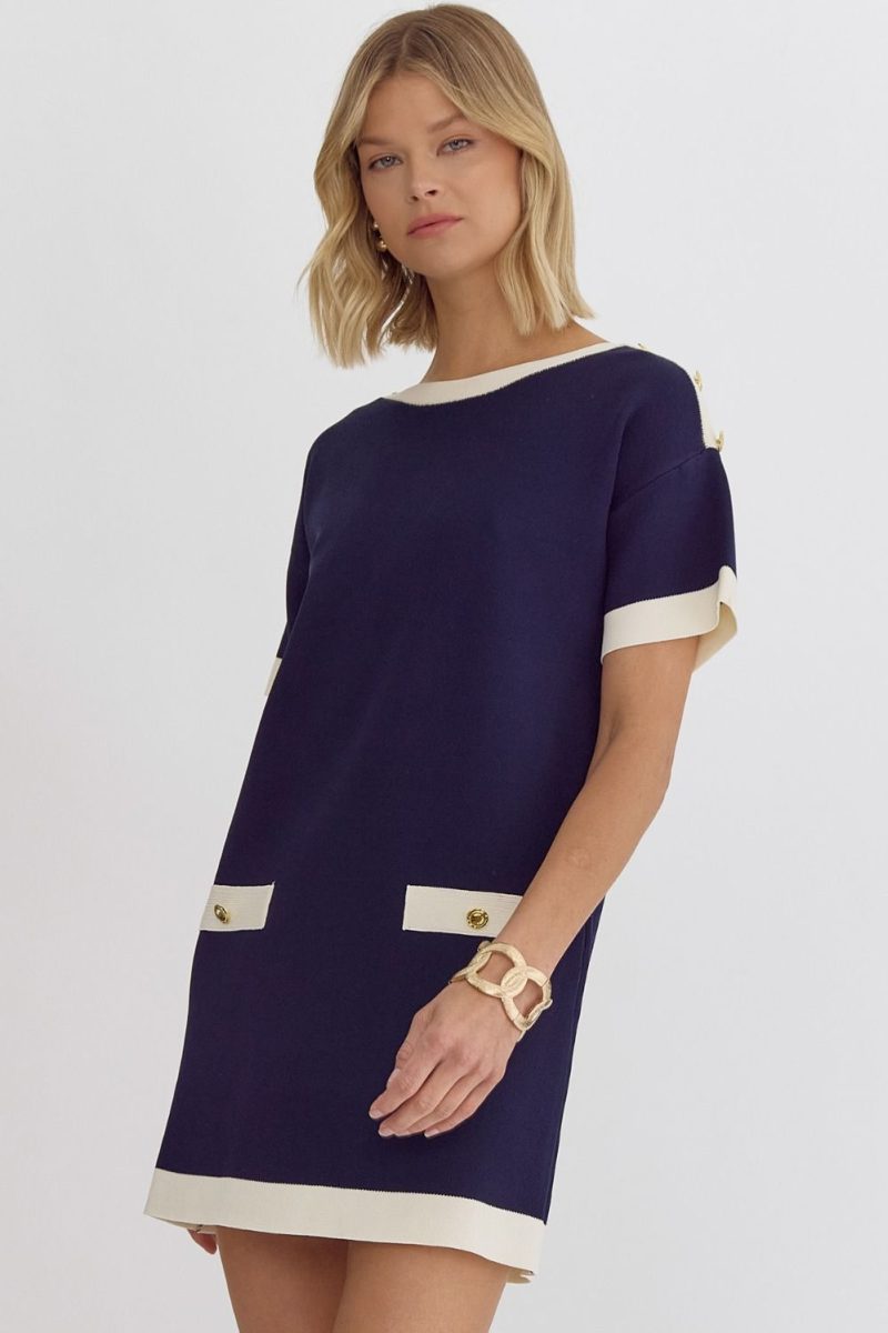 Solid Round Neck Short Sleeve Mini Dress - Image 2