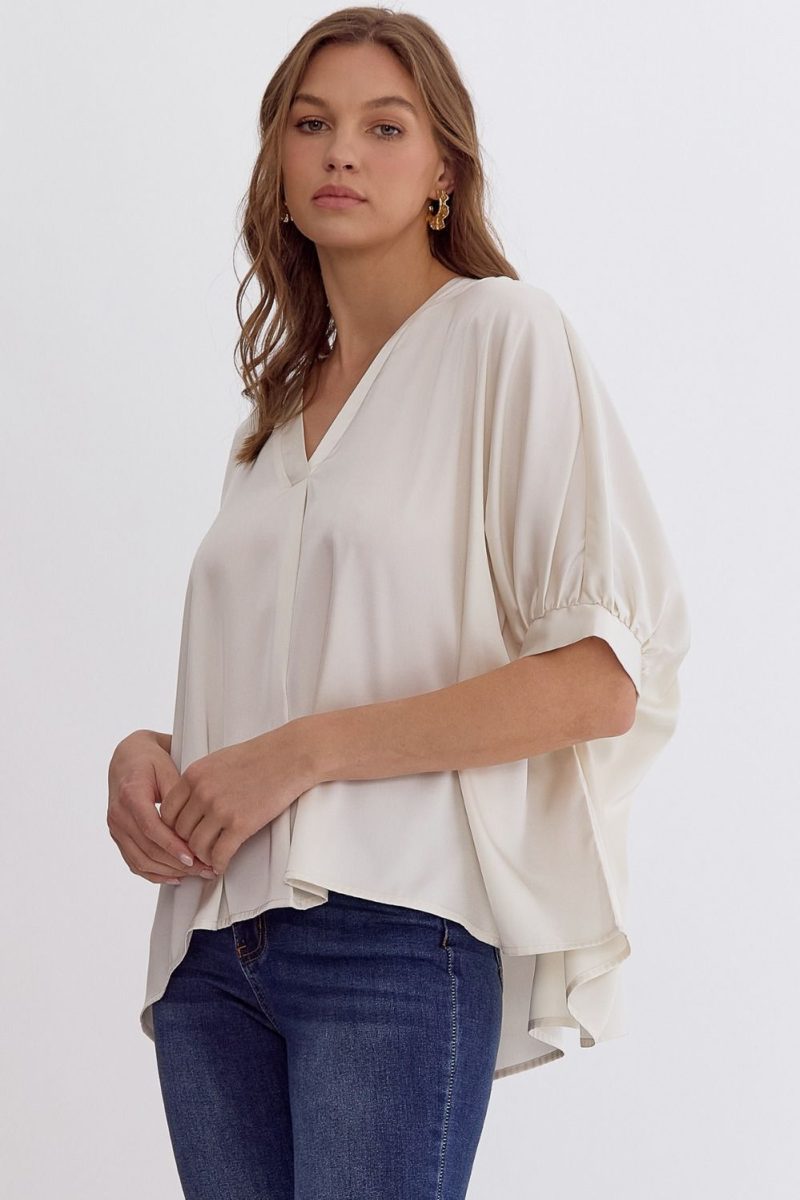 Satin V-Neck 1/2 Sleeve Top - Image 2